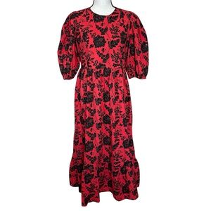 Zara Beverly Red Floral Embroidered Beaded Sequins Balloon Sleeve Maxi Dress